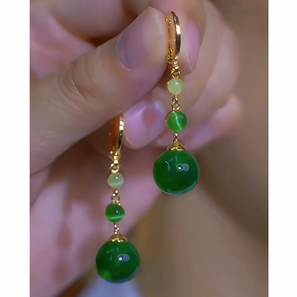 14K Gold-Plated Elegant Green Bead Tassel Earrings