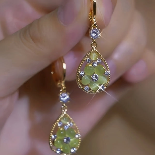 14K Gold-Plated Elegant Green Cat's Eye Stone Zircon Diamond Water Drop Earrings