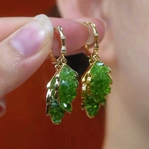 14K Gold-Plated Elegant Green Crystal Leaf Earrings
