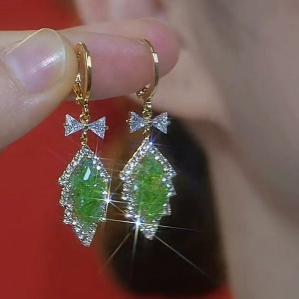 14K Gold-Plated Elegant Green Crystal Leaf Earrings