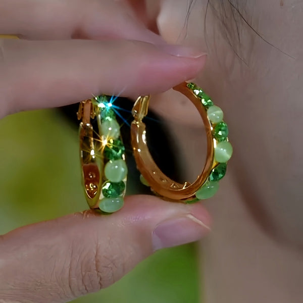 14K Gold-Plated Elegant Green Diamond Cat's Eye Stone Hoop Earrings