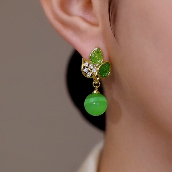 14K Gold-Plated Elegant Green Diamond Leaf Bead Earrings