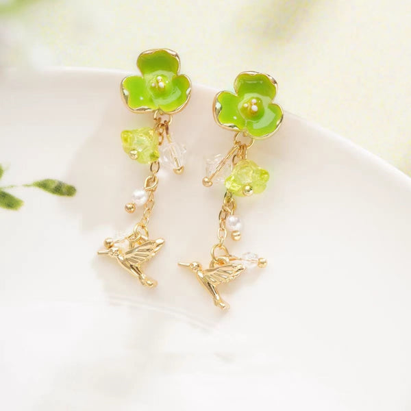 14K Gold-Plated Elegant Green Flower And Bird Earrings