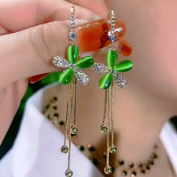 14K Gold-Plated Elegant Green Flower Ear Hooks