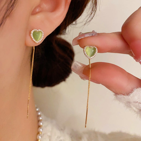 14K Gold-Plated Elegant Green Heart Threader Earrings