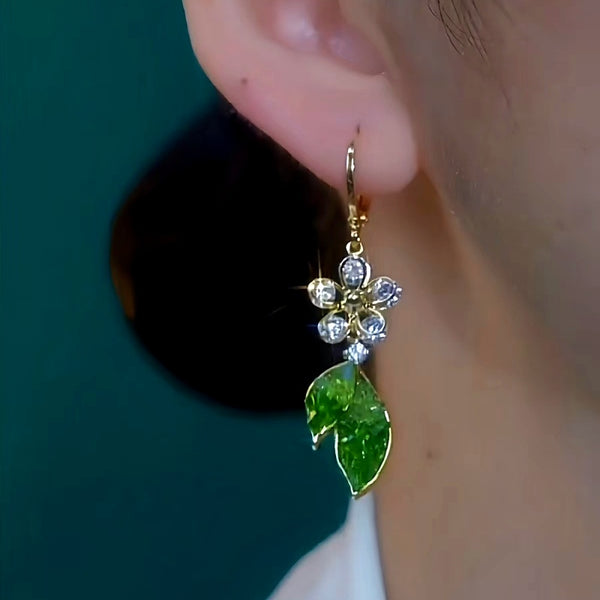 14K Gold-Plated Elegant Green Leaf Flower Earrings