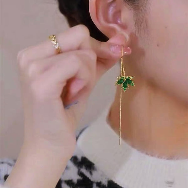 14K Gold-Plated Elegant Green Maple Leaf Threader Earrings