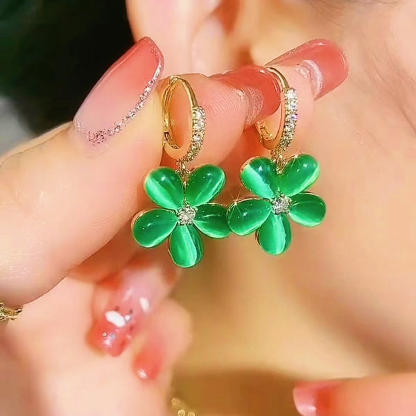 14K Gold-Plated Elegant Green Opal Flower Earrings