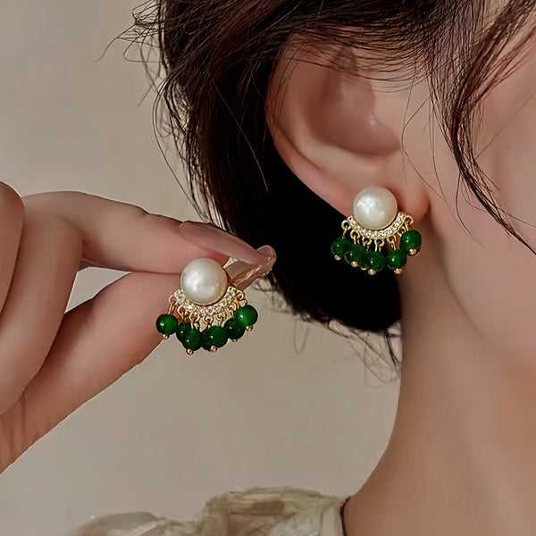 14K Gold-Plated Elegant Green Pearl Tassel Earrings