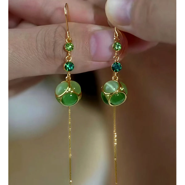 14K Gold-Plated Elegant Green Zircon Diamond Cat's Eye Stone Threader Earrings