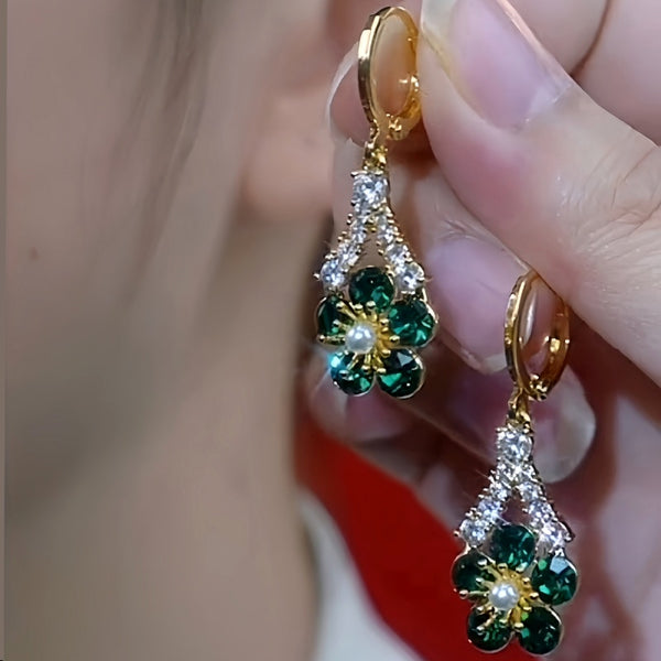 14K Gold-Plated Elegant Green Zircon Flower Earrings