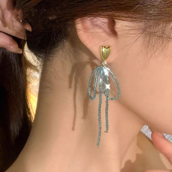 14K Gold-Plated Elegant Heart-Design Crystal Bow Earrings