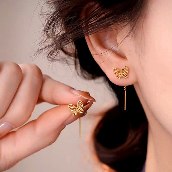 14K Gold-Plated Elegant Hollow Butterfly Threader Earrings