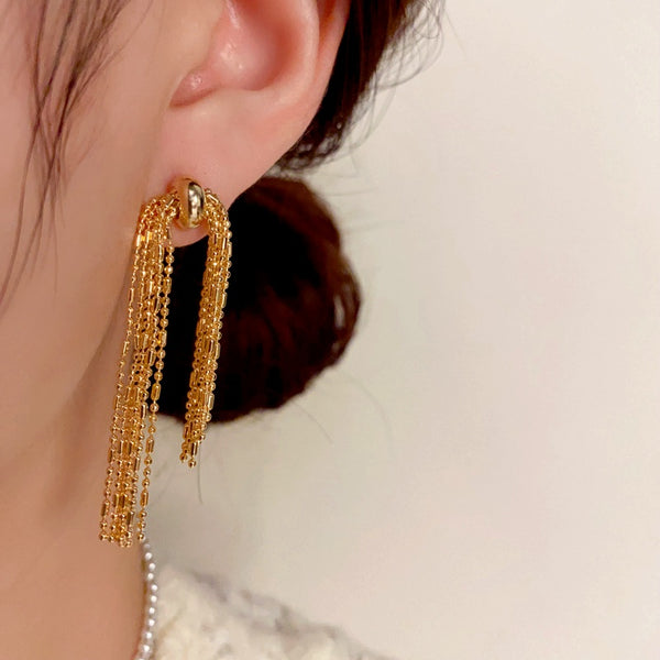 14K Gold-Plated Elegant Metal Long Chain Tassel Earrings