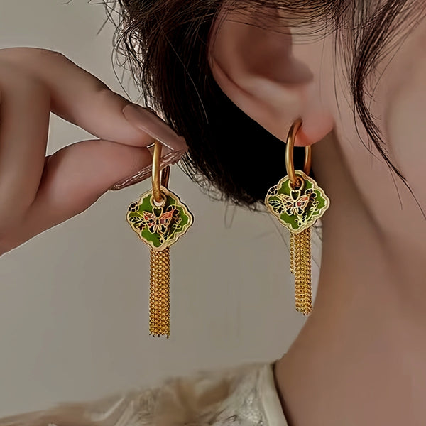 14K Gold-Plated Elegant Oil Drop Butterfly Tassel Earrings