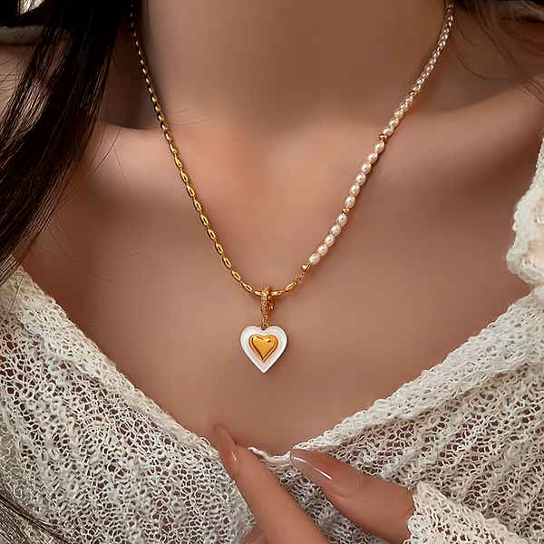 14K Gold-Plated Elegant Pearl Heart Necklace