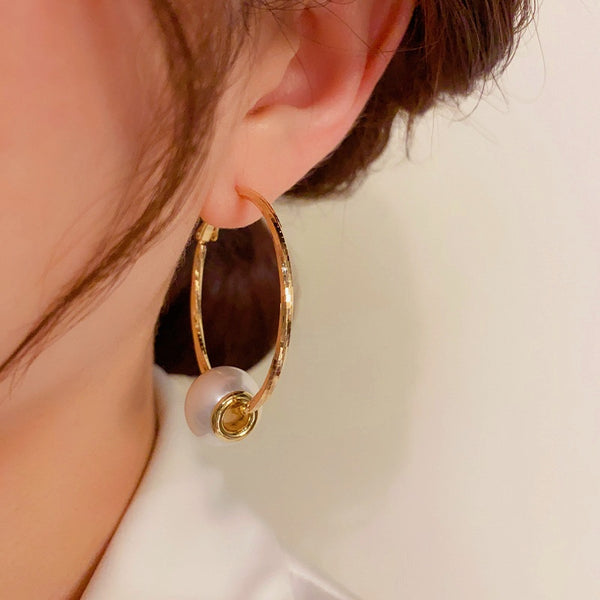 14K Gold-Plated Elegant Pearl Large Hoop Earrings