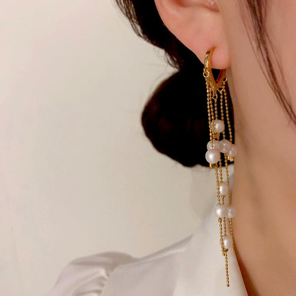 14K Gold-Plated Elegant Pearl Tassel Earrings