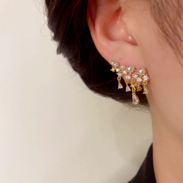 14K Gold-Plated Elegant Pearl Zircon Tassel Earrings