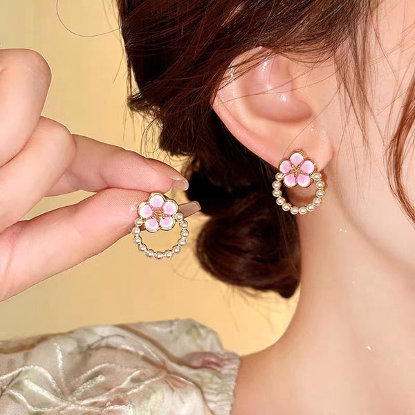 14K Gold-Plated Elegant Pink Opal Flower Pearl Earrings