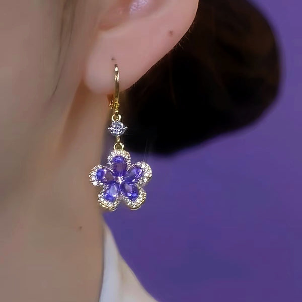 14K Gold-Plated Elegant Purple Crystal Flower Earrings