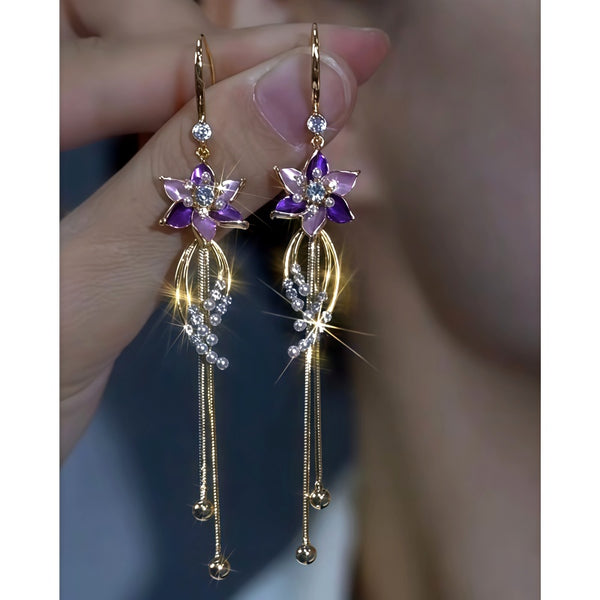 14K Gold-Plated Elegant Purple Flower Tassel Ear Hook Earrings