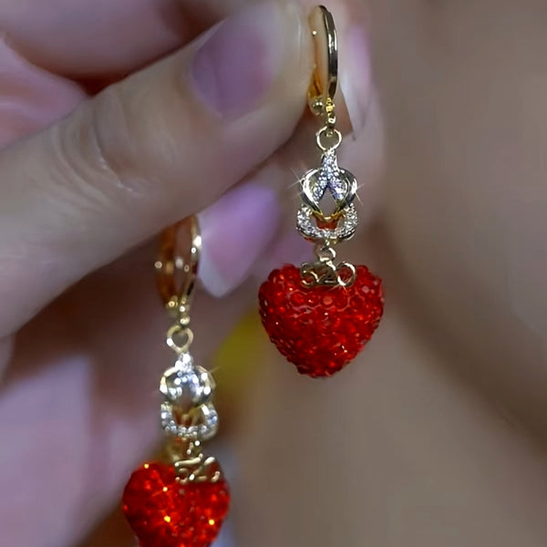 14K Gold-Plated Elegant Red Diamond Heart Earrings