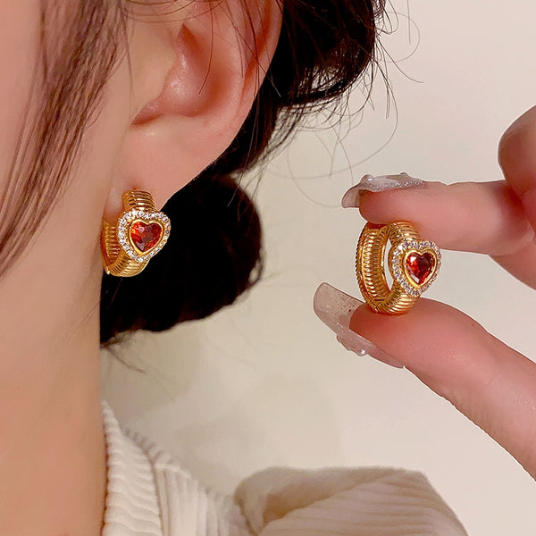 14K Gold-Plated Elegant Red Heart Hoop Earrings