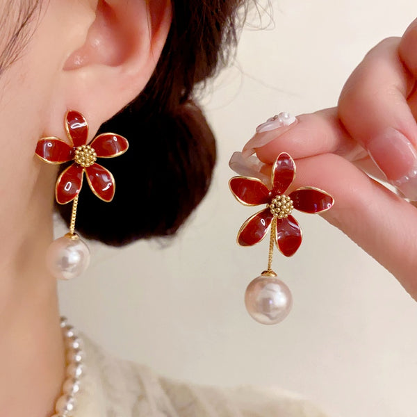 14K Gold-Plated Elegant Red Oil Drop Petal Flower Pearl Earrings