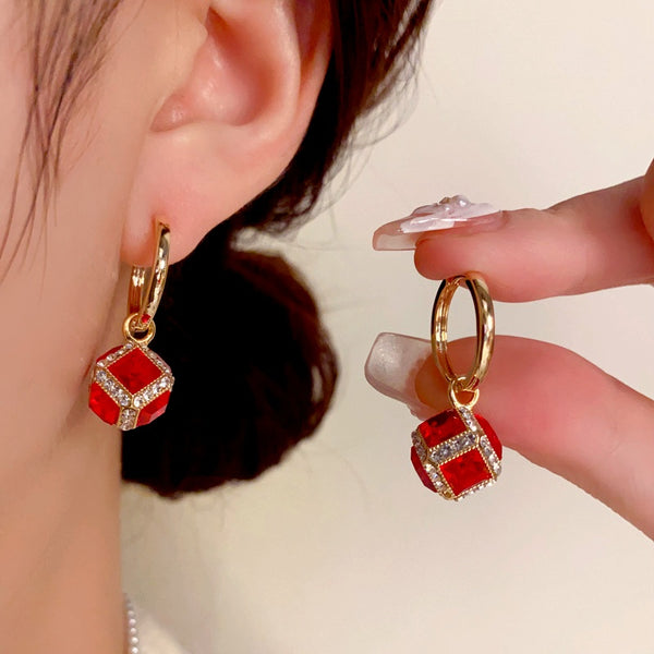 14K Gold-Plated Elegant Red Zircon Cube Earrings