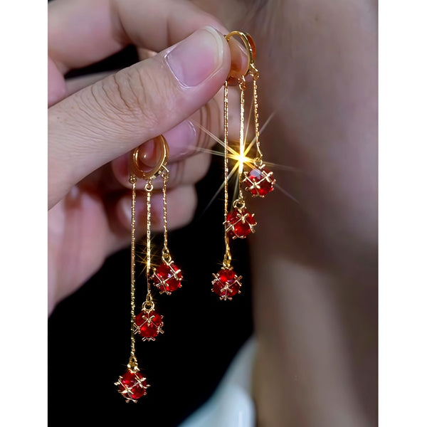 14K Gold-Plated Elegant Red Zircon Diamond Tassel Earrings