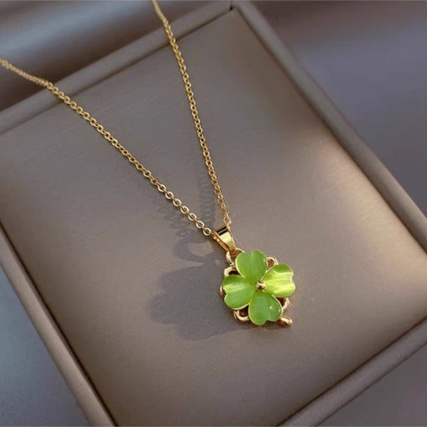 14K Gold-Plated Elegant Rotating Green Opal Flower Necklaces