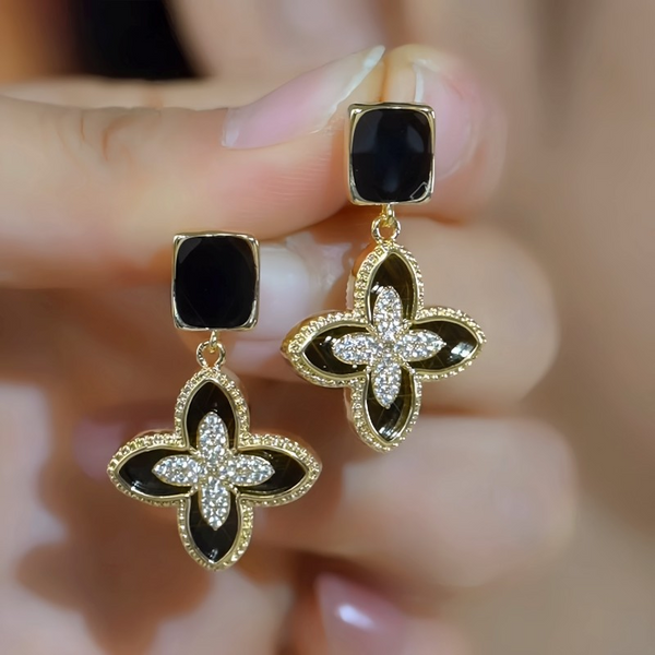 14K Gold-Plated Elegant Zircon Black Four-Leaf Flower Earrings