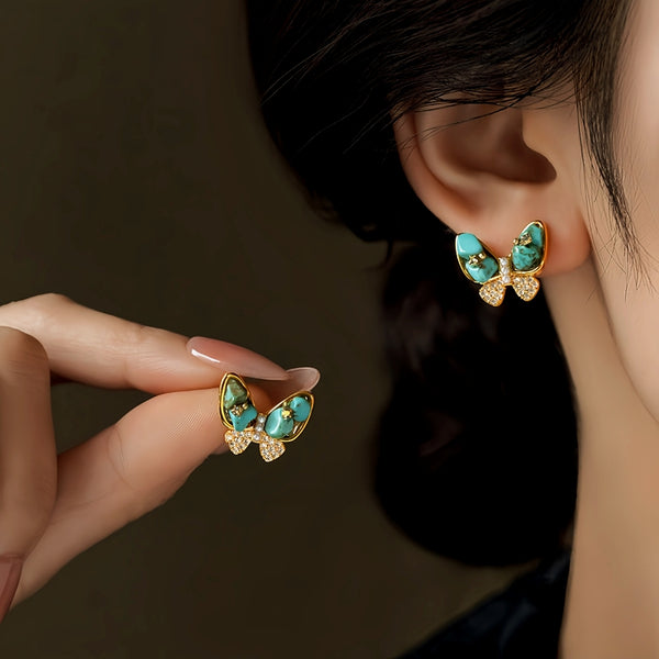 14K Gold-Plated Elegant Zircon Green Butterfly Stud Earrings