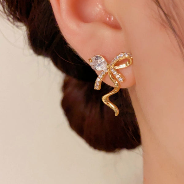 14K Gold-Plated Elegant Zircon Bow Earrings