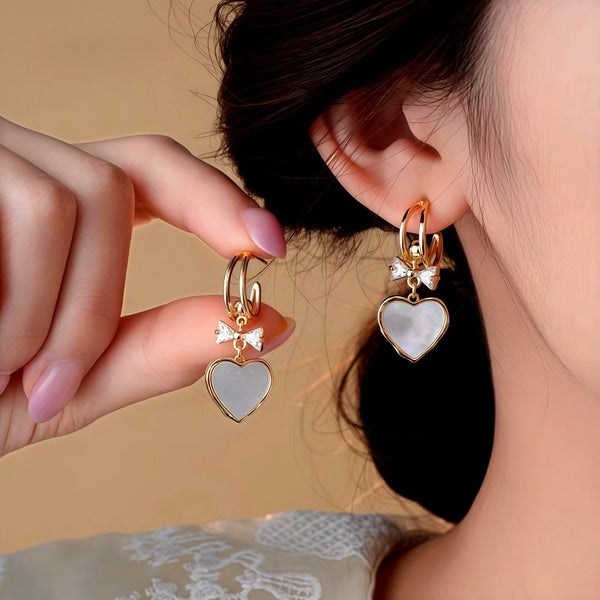 14K Gold-Plated Elegant Zircon Bow Shell Heart Earrings