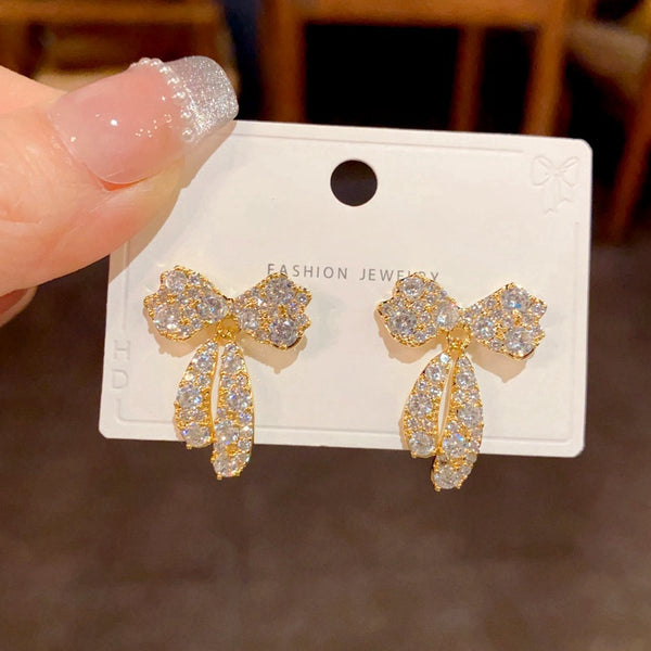 14K Gold-Plated Elegant Zircon Bow Tassel Earrings