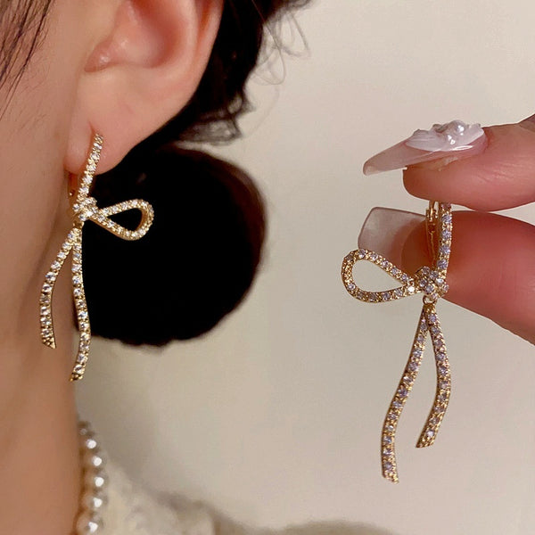 14K Gold-Plated Elegant Zircon Bow Tassel Earrings