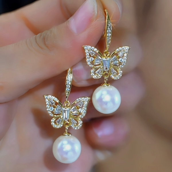 14K Gold-Plated Elegant Zircon Butterfly Mabe Pearl Ear Hooks