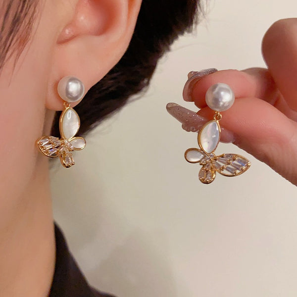 14K Gold-Plated Elegant Zircon Butterfly Pearl Earrings