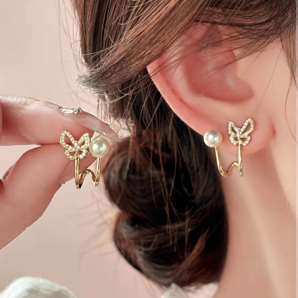 14K Gold-Plated Elegant Zircon Butterfly Pearl Stud Earrings
