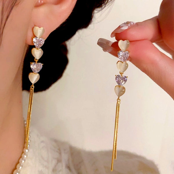 14K Gold-Plated Elegant Zircon Cat's Eye Heart-Design Tassel Earrings