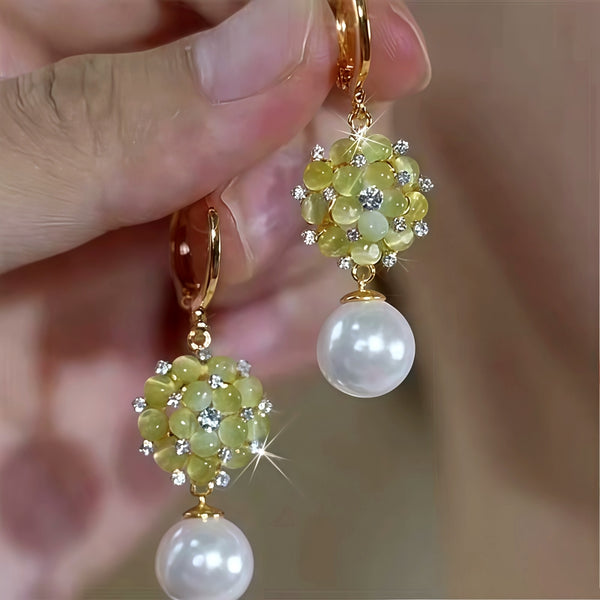 14K Gold-Plated Elegant Zircon Cat's Eye Stone Pearl Earrings