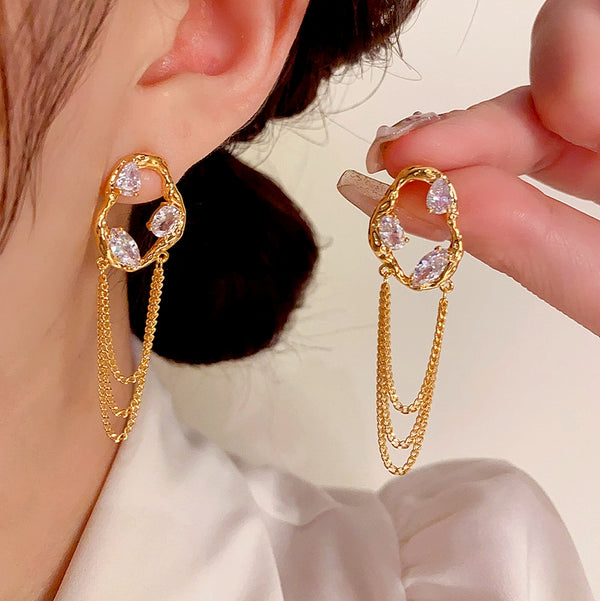 14K Gold-Plated Elegant Zircon Chain Tassel Earrings