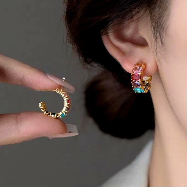 14K Gold-Plated Elegant Zircon Colorful C-Shaped Earrings