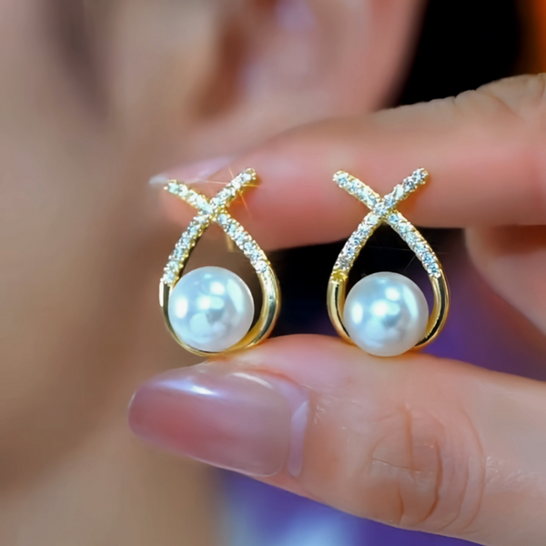 14K Gold-Plated Elegant Zircon Cross Pearl Earrings