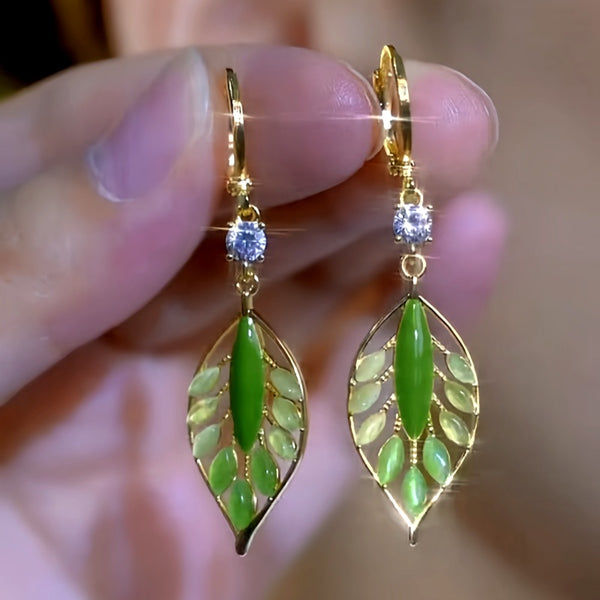 14K Gold-Plated Elegant Zircon Crystal Leaf Earrings