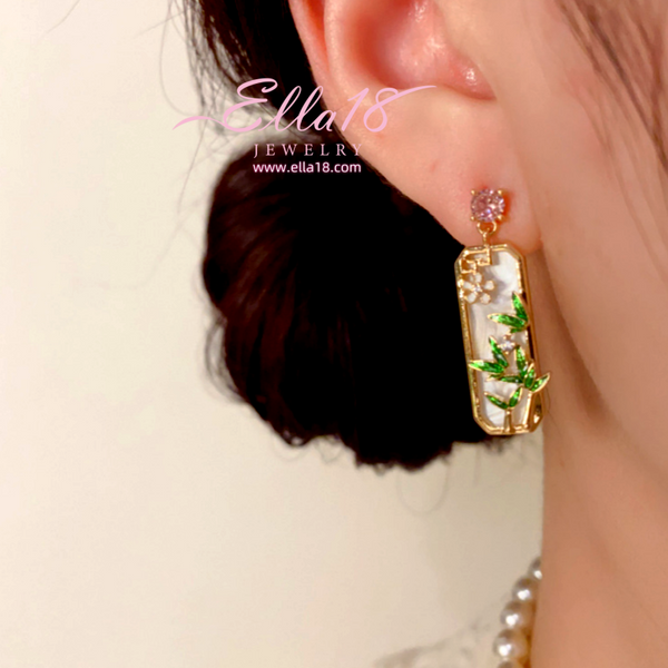 14K Gold-Plated Elegant Zircon Diamond Bamboo Leaf Earrings