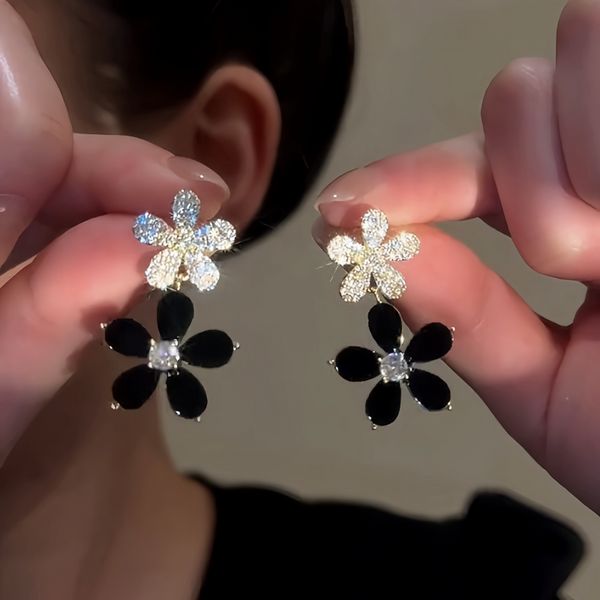 14K Gold-Plated Elegant Zircon Diamond Black Flower Earrings