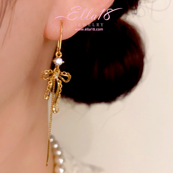14K Gold-Plated Elegant Zircon Diamond Bow Threader Earrings